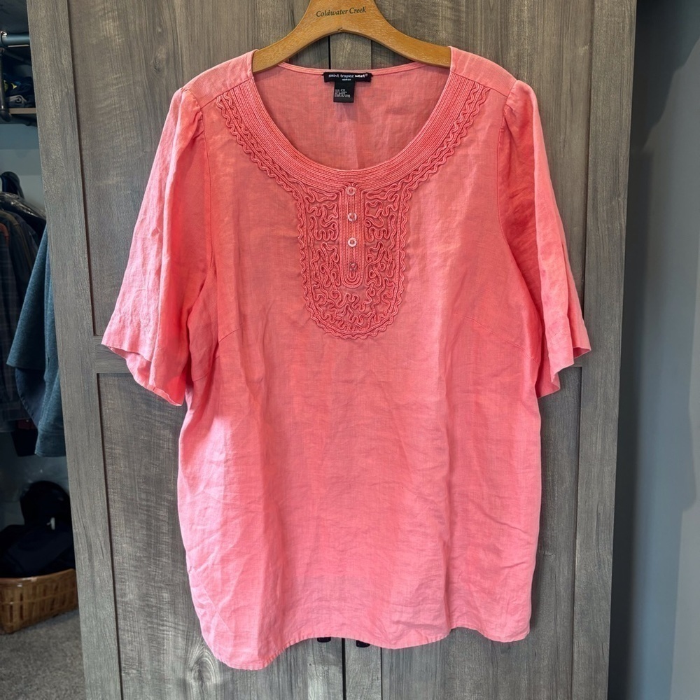 Saint Tropez West 2X Linen Top Short Sleeve Salomon Color